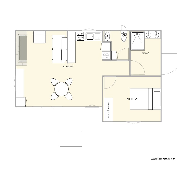 dun. Plan de 3 pièces et 47 m2