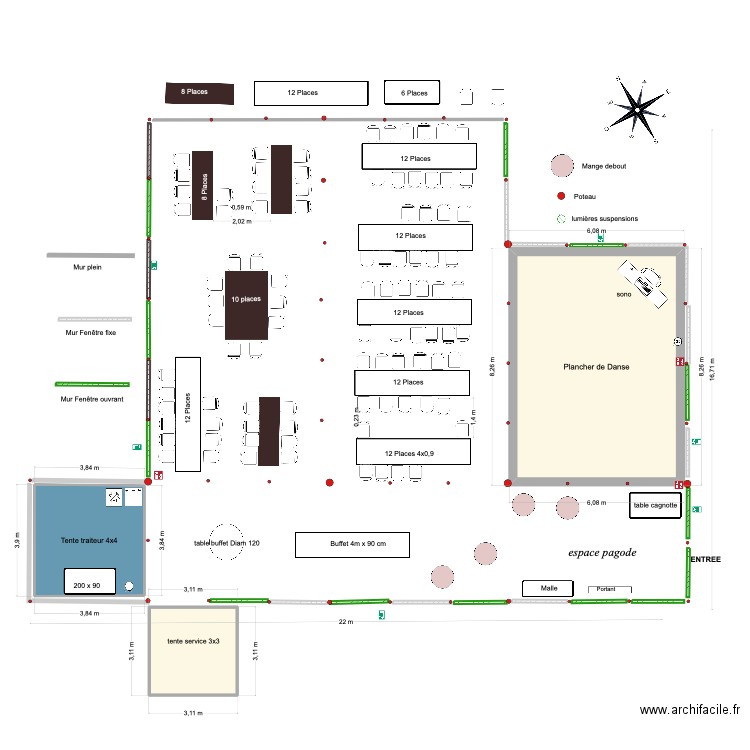 100 invités. Plan de 3 pièces et 67 m2