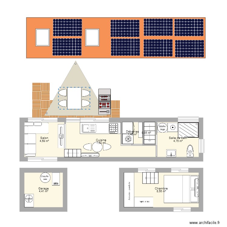 Tiny House. Plan de 7 pièces et 32 m2