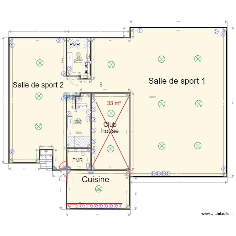 RDC Salle de sport placo. Plan de 4 pièces et 375 m2