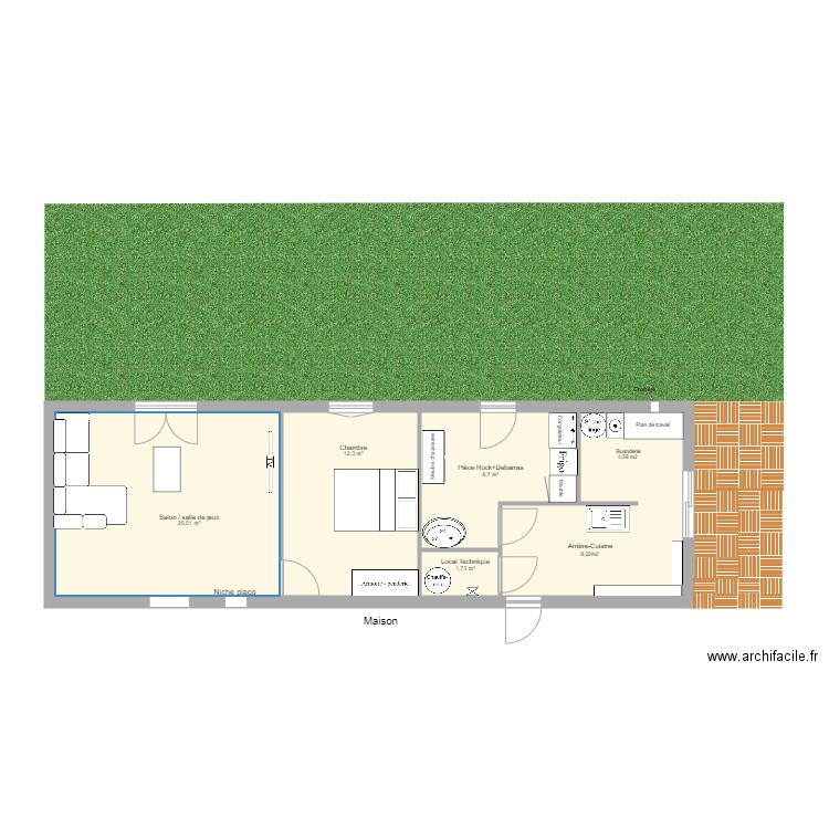 Extension meubles. Plan de 5 pièces et 56 m2