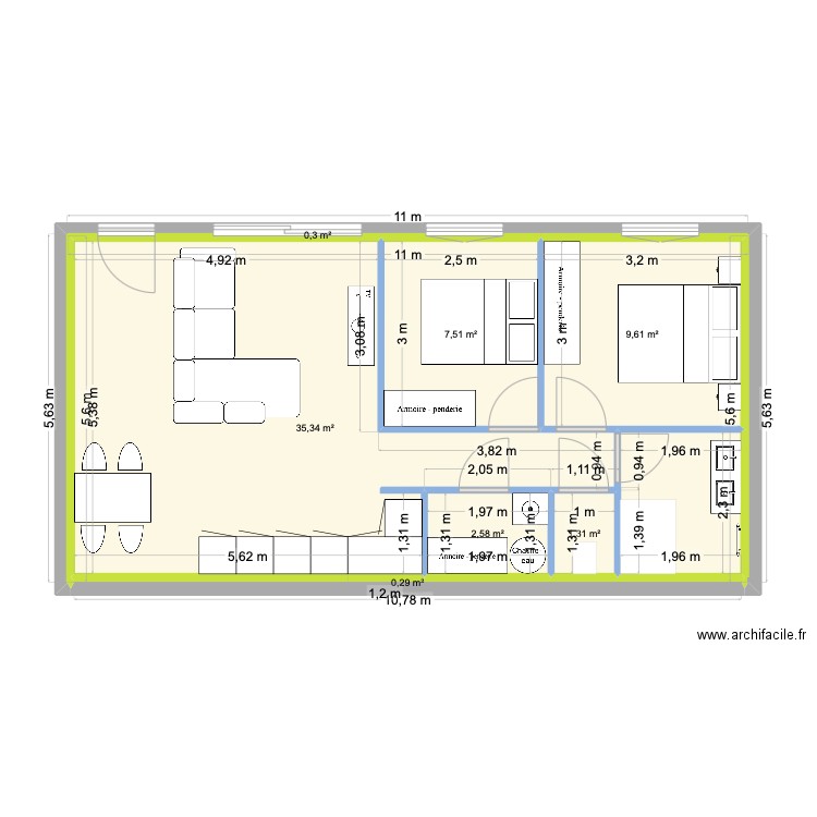 appartement SS. Plan de 7 pièces et 57 m2