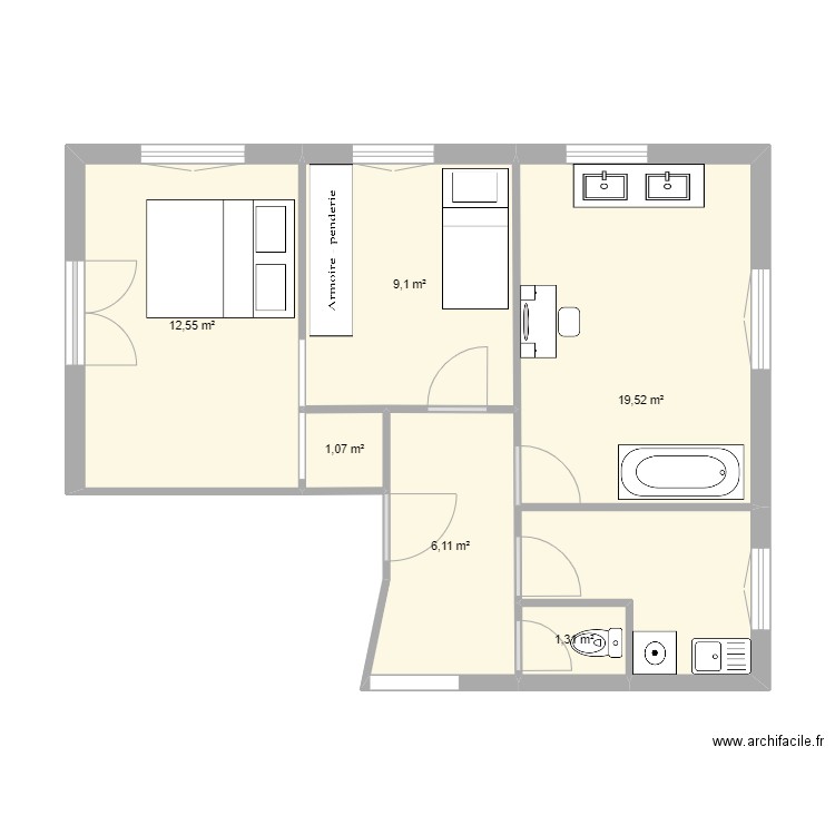 BUZZ hOME chambre Existant . Plan de 6 pièces et 50 m2