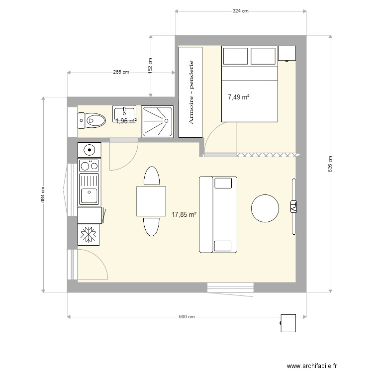 cabanoncorrige2. Plan de 3 pièces et 27 m2