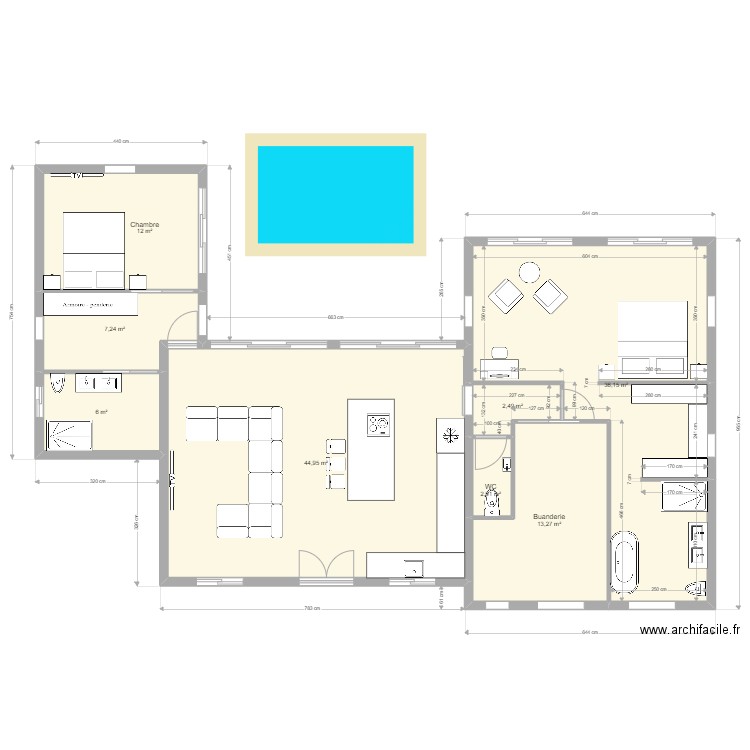 La retraite/piscine. Plan de 8 pièces et 124 m2