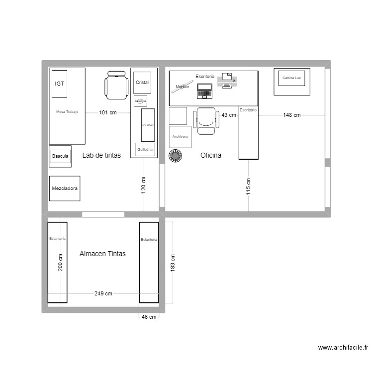 Distribucion Lab tintas. Plan de 3 pièces et 25 m2