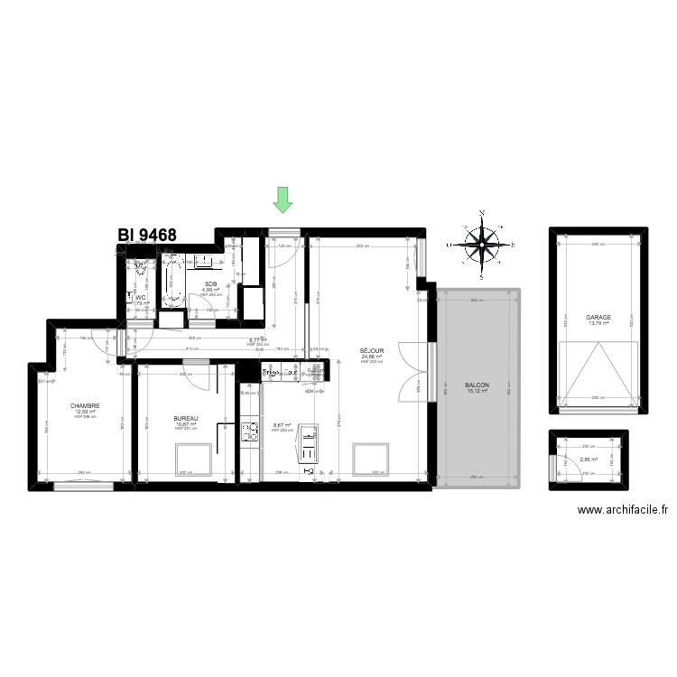 BI 9468. Plan de 16 pièces et 106 m2