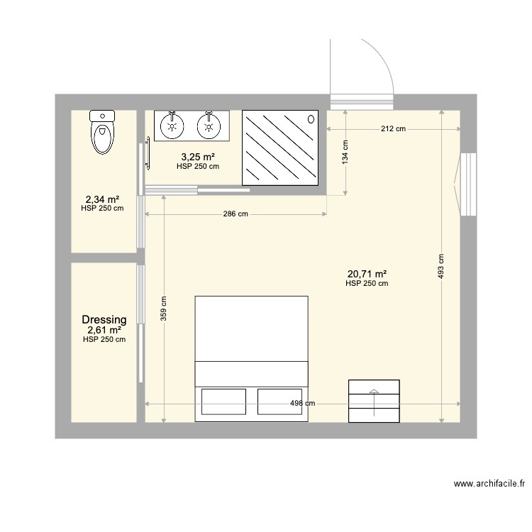 Chambre P RP. Plan de 2 pièces et 29 m2