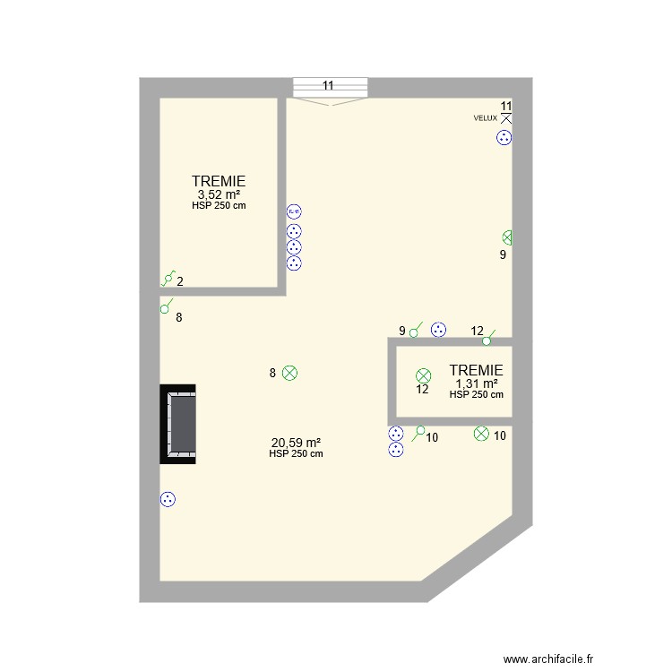 CHAMBRE AMIS ELECTRICITE. Plan de 3 pièces et 25 m2