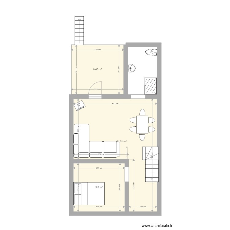 1er etg. Plan de 3 pièces et 43 m2