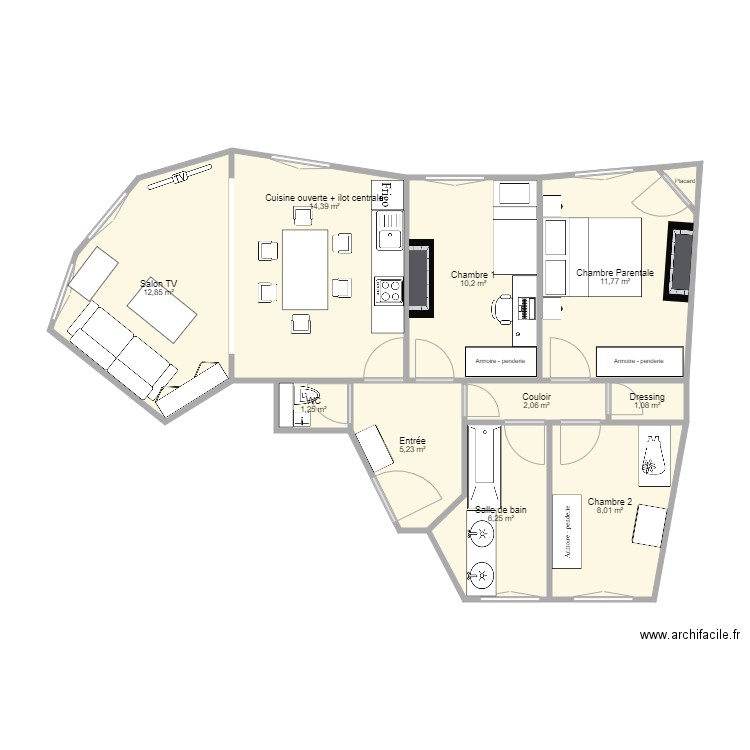 Bougainville. Plan de 11 pièces et 73 m2