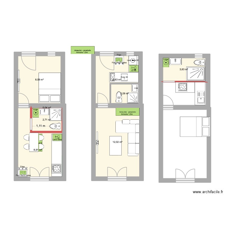 Studio 1. Plan de 8 pièces et 46 m2
