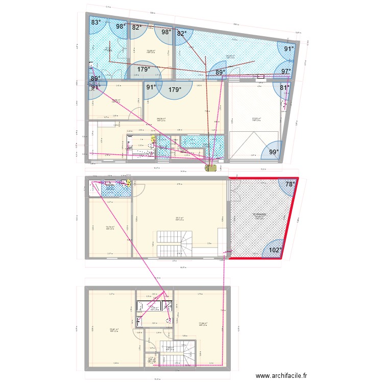 auray RDC, R+1 R+2 le 28-06-23 réseaux d'évacuations. Plan de 19 pièces et 258 m2