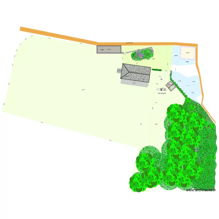 Etat projet&eacute; 2/2 : Abris + toitures + cabane et 3D. Plan de 4  et 267 m²