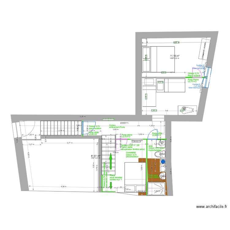 1 ER ÉTAGE MODIF CLOISON. Plan de 2 pièces et 53 m2