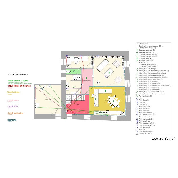 PLAN RDC 2eme VOLET éléctricité PRISES. Plan de 13 pièces et 127 m2