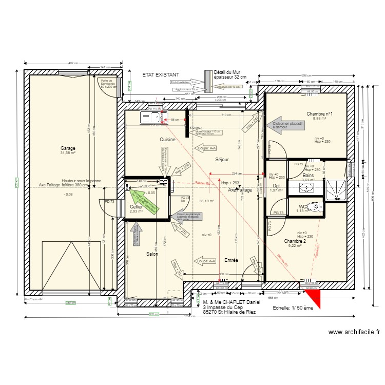 Existant 3 Impasse du Cep. Plan de 8 pièces et 98 m2