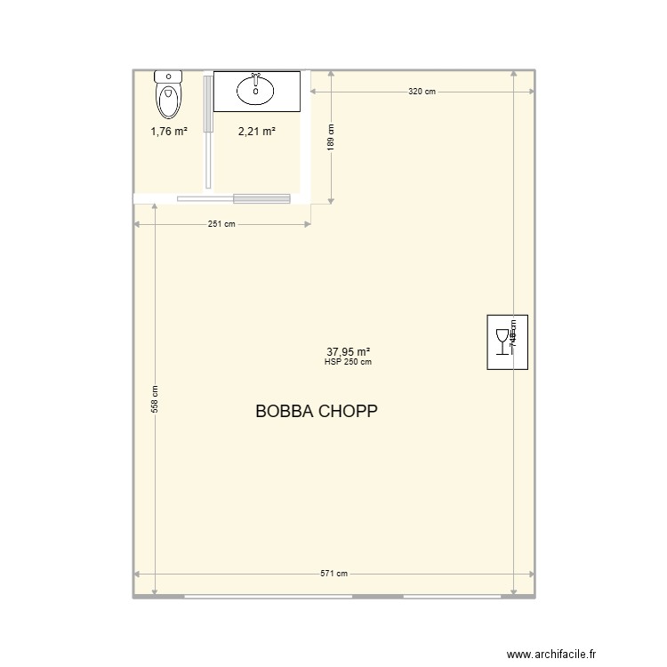 boba chopp vue dessus. Plan de 3 pièces et 42 m2