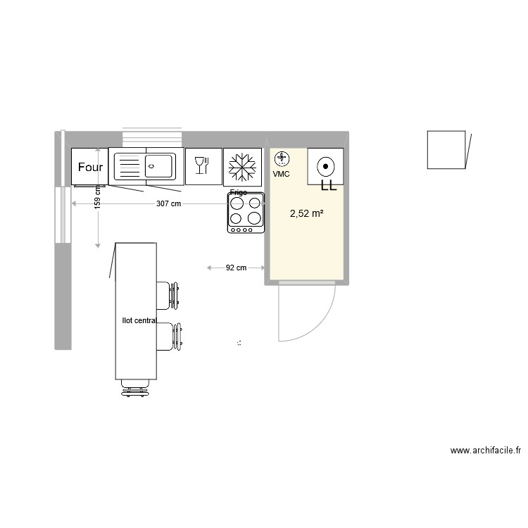 Cuisine Guagliola V7. Plan de 1 pièce et 3 m2