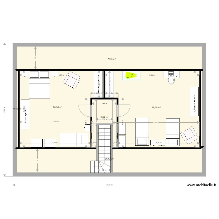 171 ter etage murs et portes. Plan de 6 pièces et 101 m2