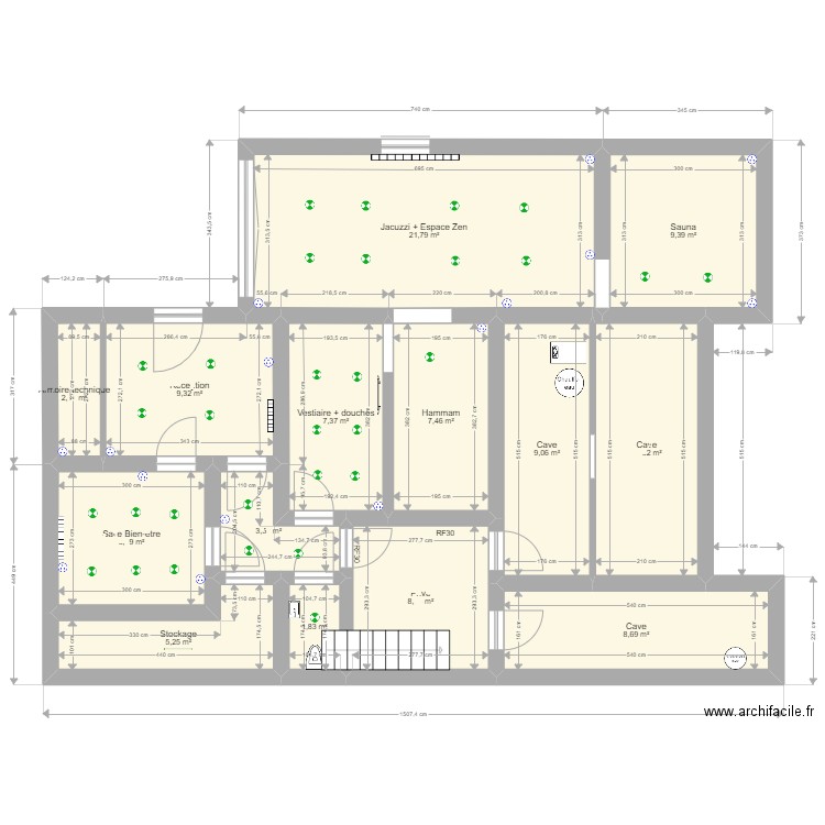 Plan sous-sol situation projetée simplifiée. Plan de 14 pièces et 113 m2