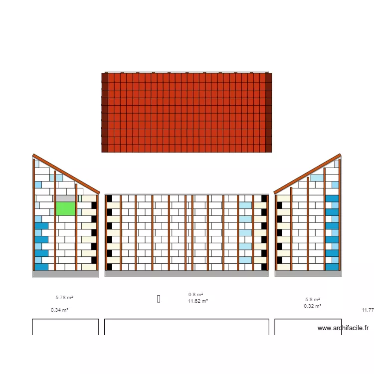 Cuisine et garage avec toiture et batis ext&eacute;rieur. Plan de 