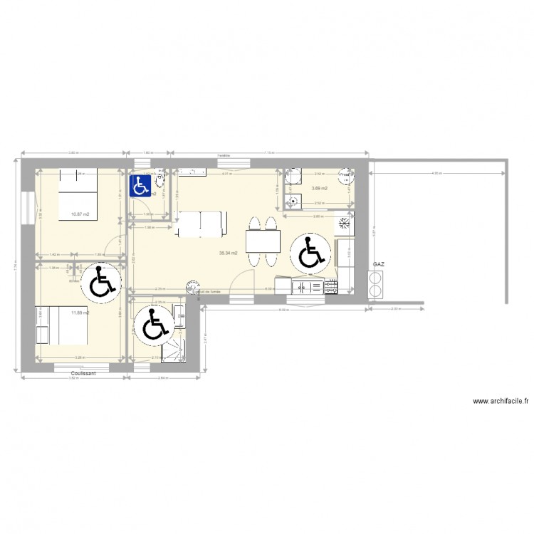 green WC hand. Plan de 5 pièces et 65 m2