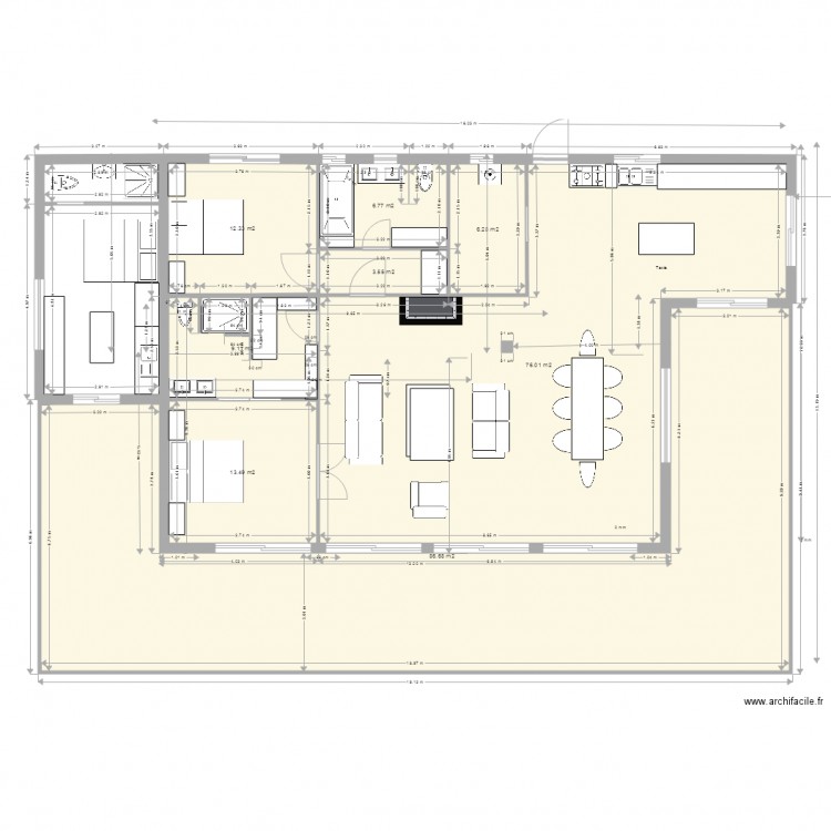 La case bambou plan def 110m bis avec terrasse. Plan de 8 pièces et 214 m2