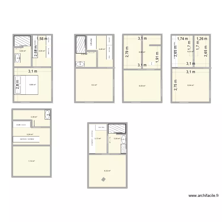 chambre parental. Plan de 16  et 98 m²