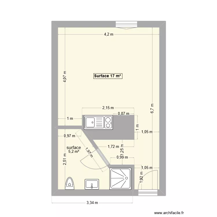 Studio etape 1. Plan de 2 pièces et 26 m²