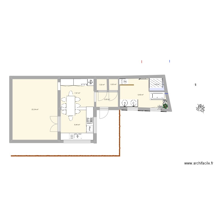 Projet rdc modifié. Plan de 8 pièces et 56 m2