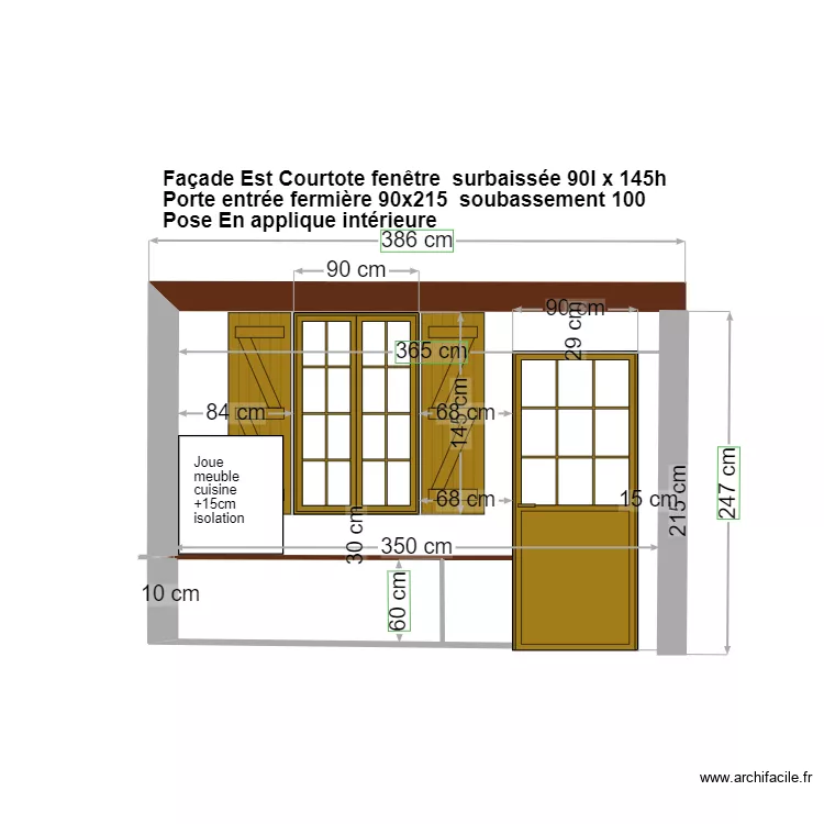 FACADE est courtote AVEC FEN&Euml;TRE 90x145 surbaiss&eacute;e. Plan de 
