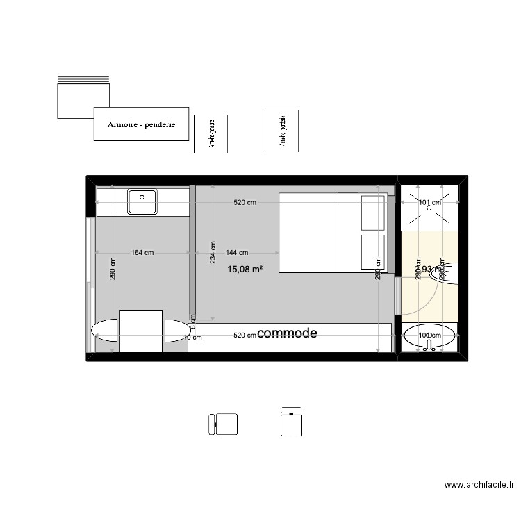 cabane pourville. Plan de 2 pièces et 18 m2