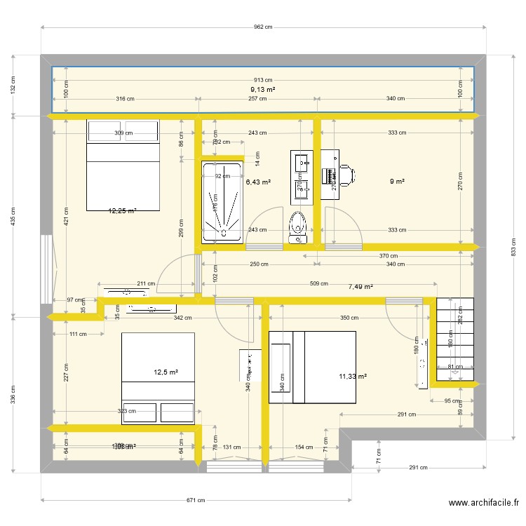 quiperle 3 ETAGE 3 ch BIS DOUBLE DOUCHE. Plan de 8 pièces et 70 m2