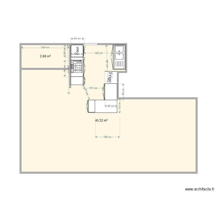 aménagement cuisine Tonton/ Martine 3. Plan de 2 pièces et 43 m2