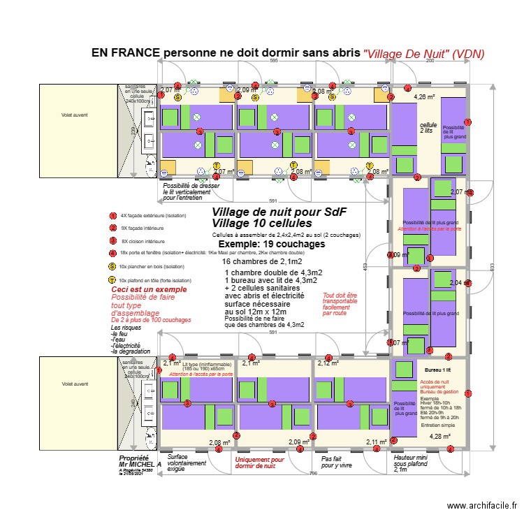 village 10 cellules 02. Plan de 18 pièces et 42 m2