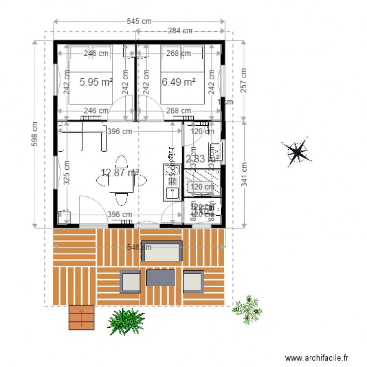 chalet camping 32m2 plein pied. Plan de 0 pièce et 0 m2