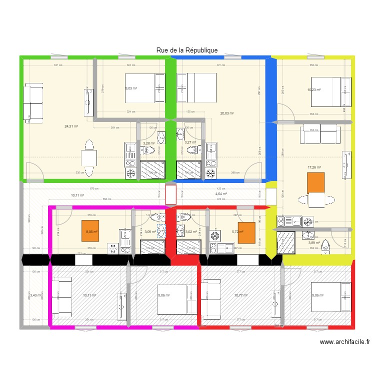 173 République R+2 futur 3. Plan de 19 pièces et 168 m2