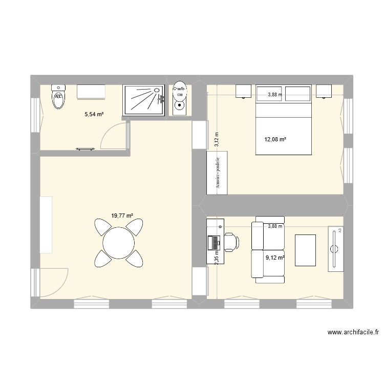 Plan 1er étage. Plan de 4 pièces et 47 m2
