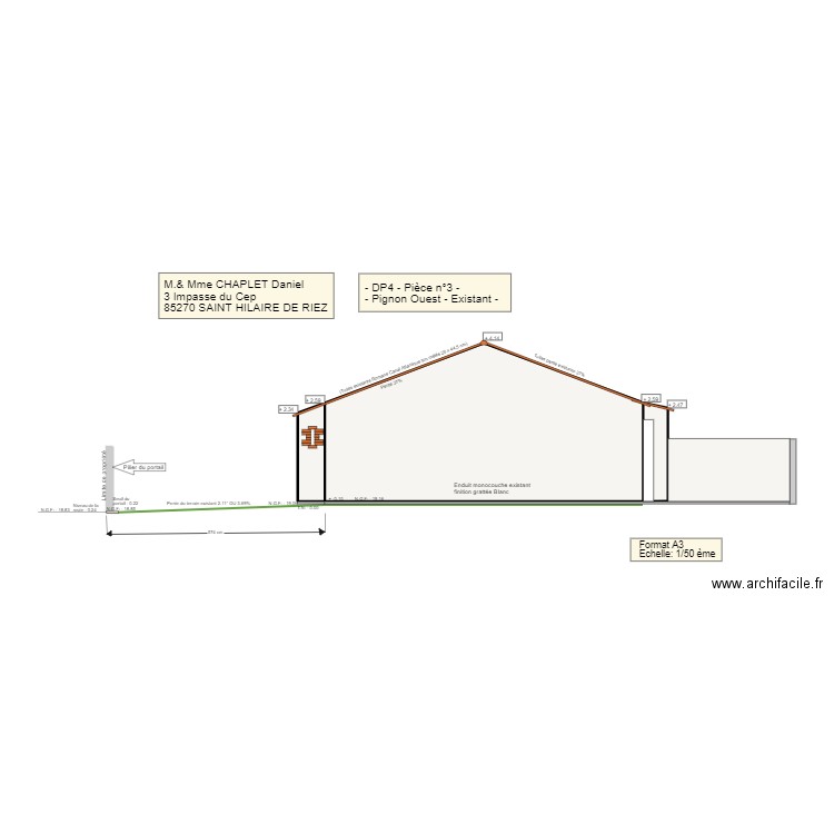 Plan Pignon existant - Ouest. Plan de 3 pièces et 31 m2