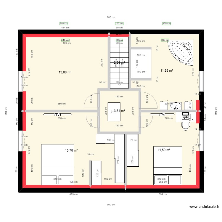 maison etage. Plan de 7 pièces et 59 m2