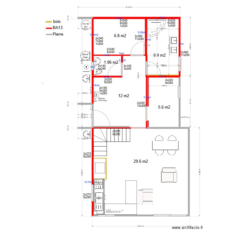 amenagement metrage cloison et plafond rdc. Plan de 6 pièces et 56 m2