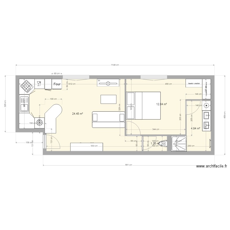 Studio. Plan de 4 pièces et 43 m2