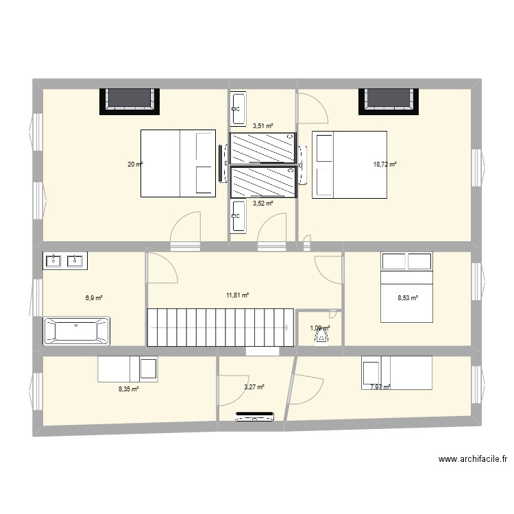 r+1 duportal. Plan de 11 pièces et 94 m2