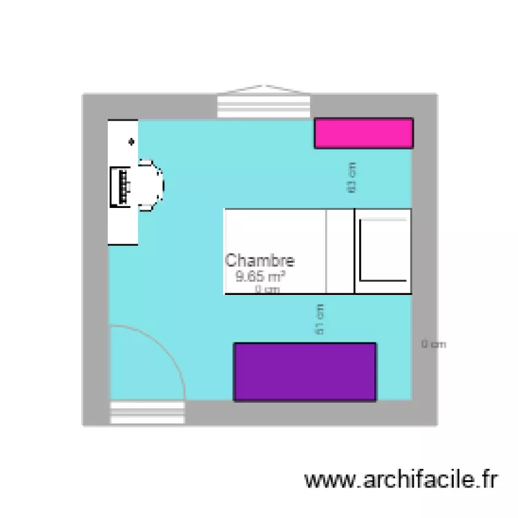 Chambre 10 m2 lit au milieu. Plan de 