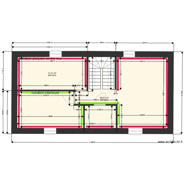 1 er etage plan vide cloison isolation. Plan de 2 pièces et 51 m2