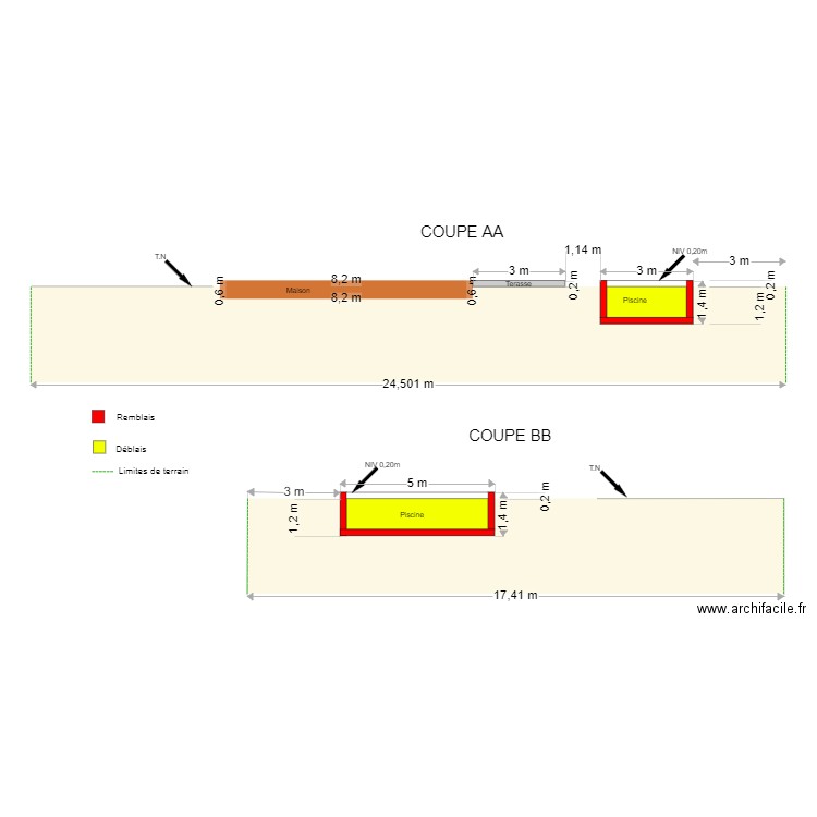 Maison avec piscine coupe. Plan de 0 pièce et 0 m2