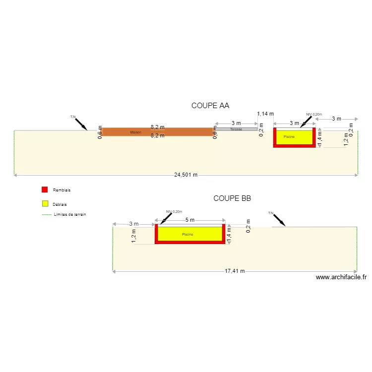 Maison avec piscine coupe. Plan de 