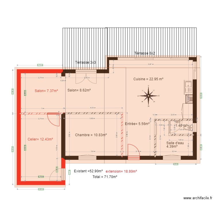 Existant et projet         refait              Richard chalet 32. Plan de 2 pièces et 72 m2