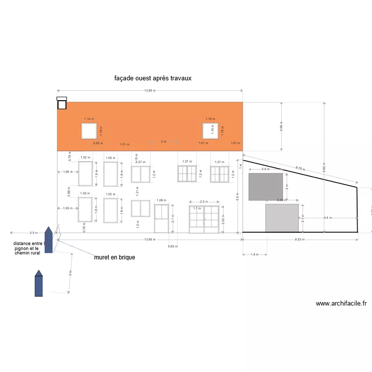 fa&ccedil;ade ouest apr&egrave;s travaux. Plan de 